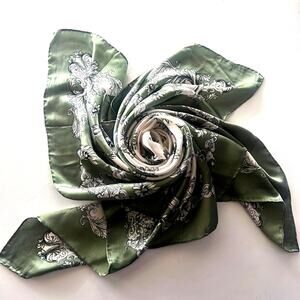 Vintage Huali Green Floral Women's 100% Silk Scarf, Hand Rolled Edges